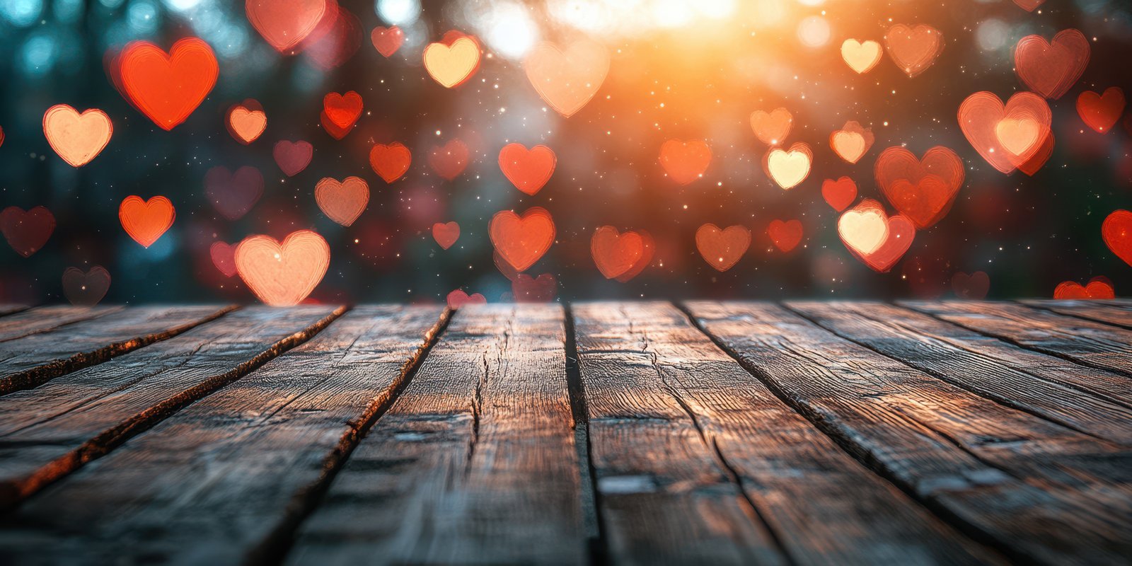 Romantic heart-shaped bokeh lights illuminate a wooden table at sunset in a serene outdoor setting